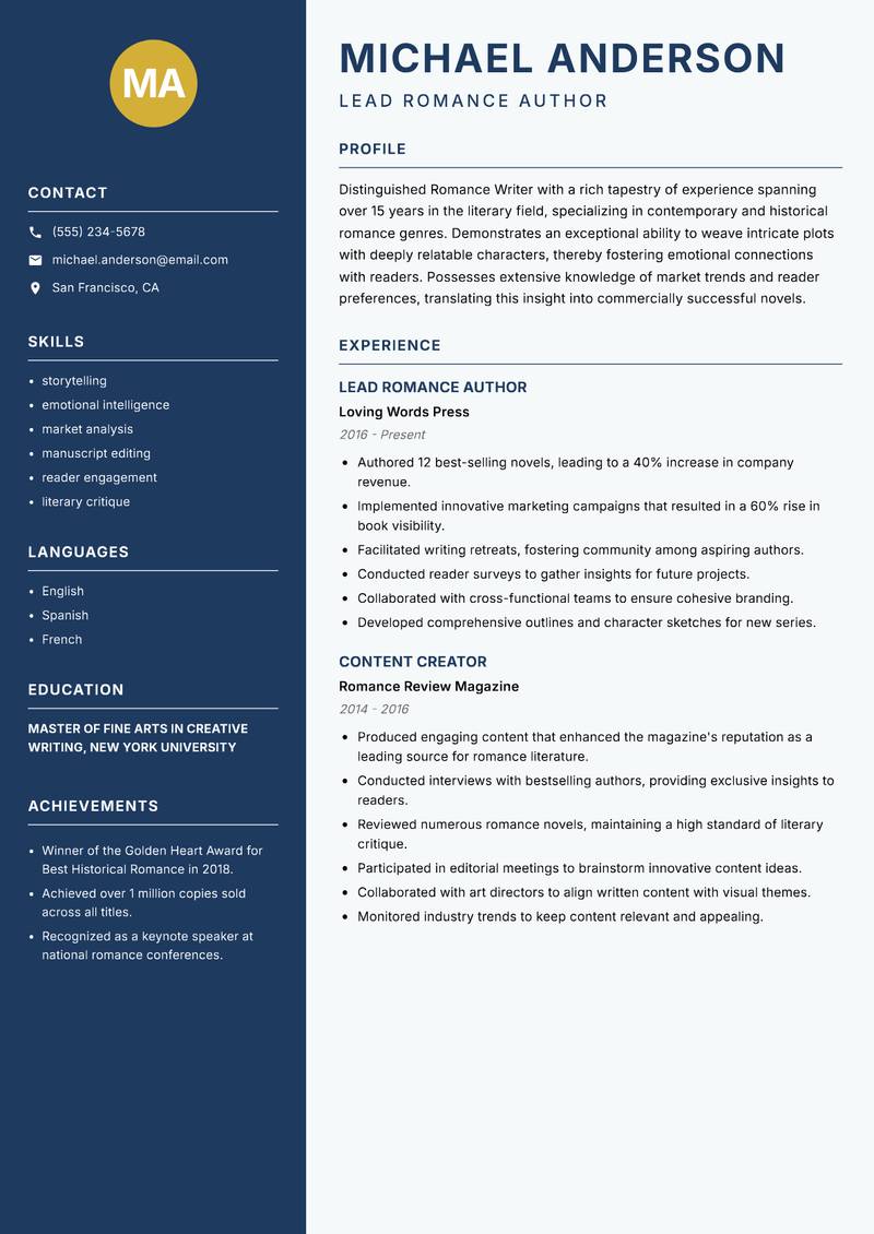 Romance Writer resume template — Classic Clean