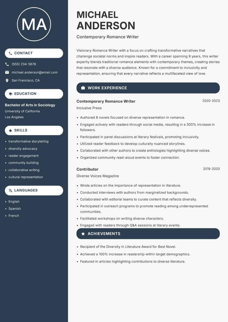 Romance Writer resume template — Compact