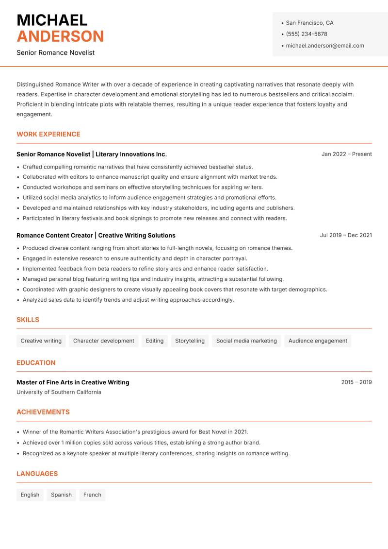 Romance Writer resume template — Modern Professional