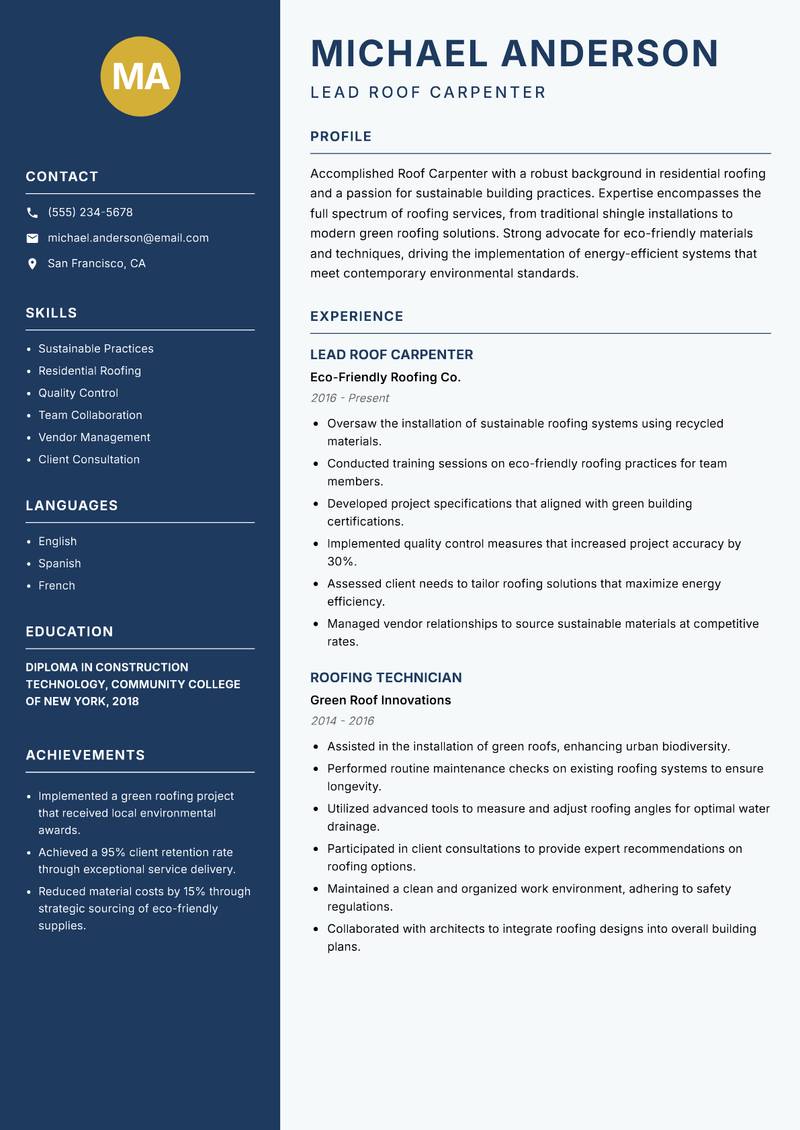 Roof Carpenter resume template — Classic Clean