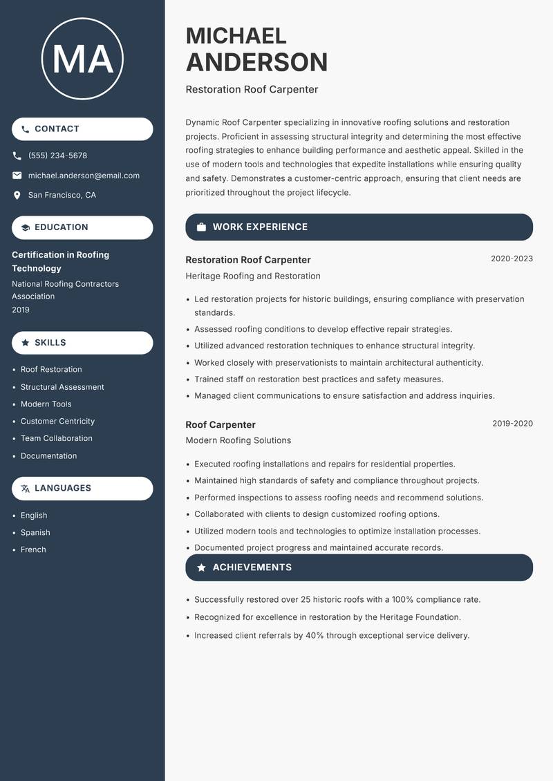 Roof Carpenter resume template — Compact