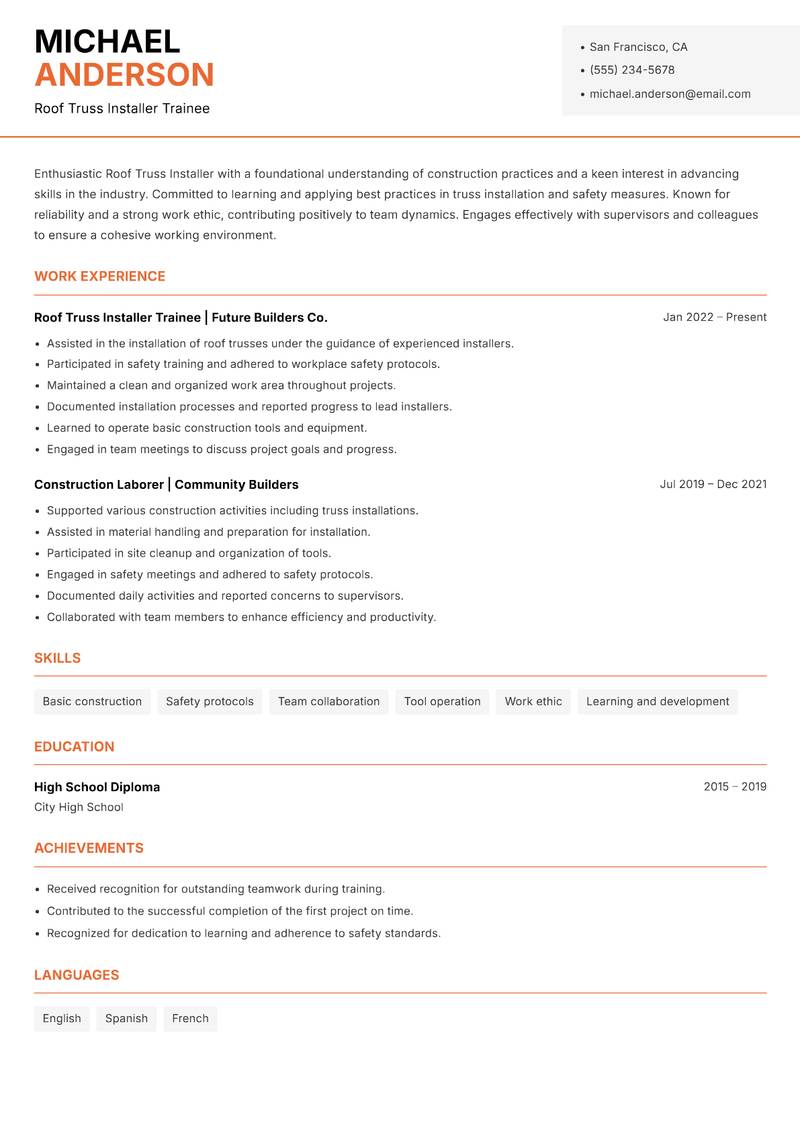 Roof Truss Installer resume template — Modern Professional