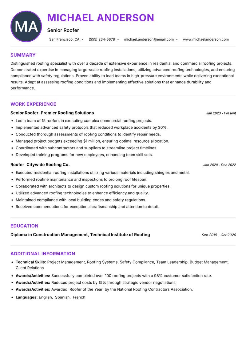 Roofer resume example — ATS-friendly template