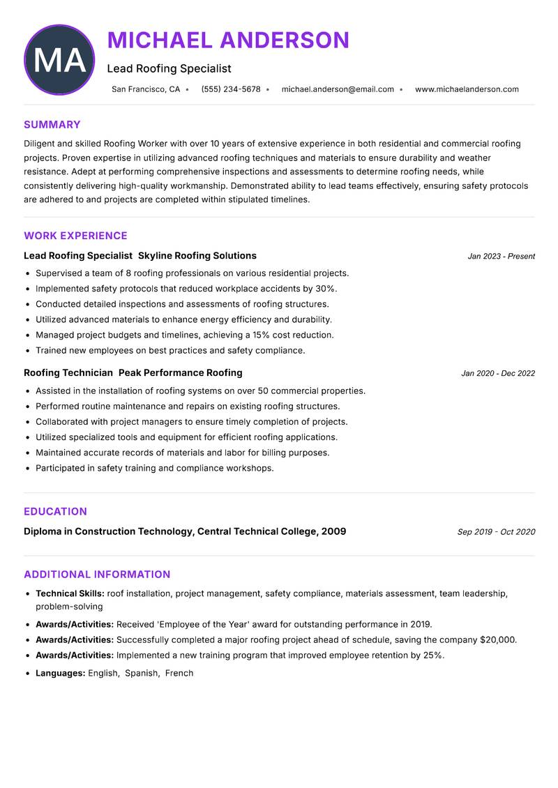 Roofing Worker resume example — ATS-friendly template