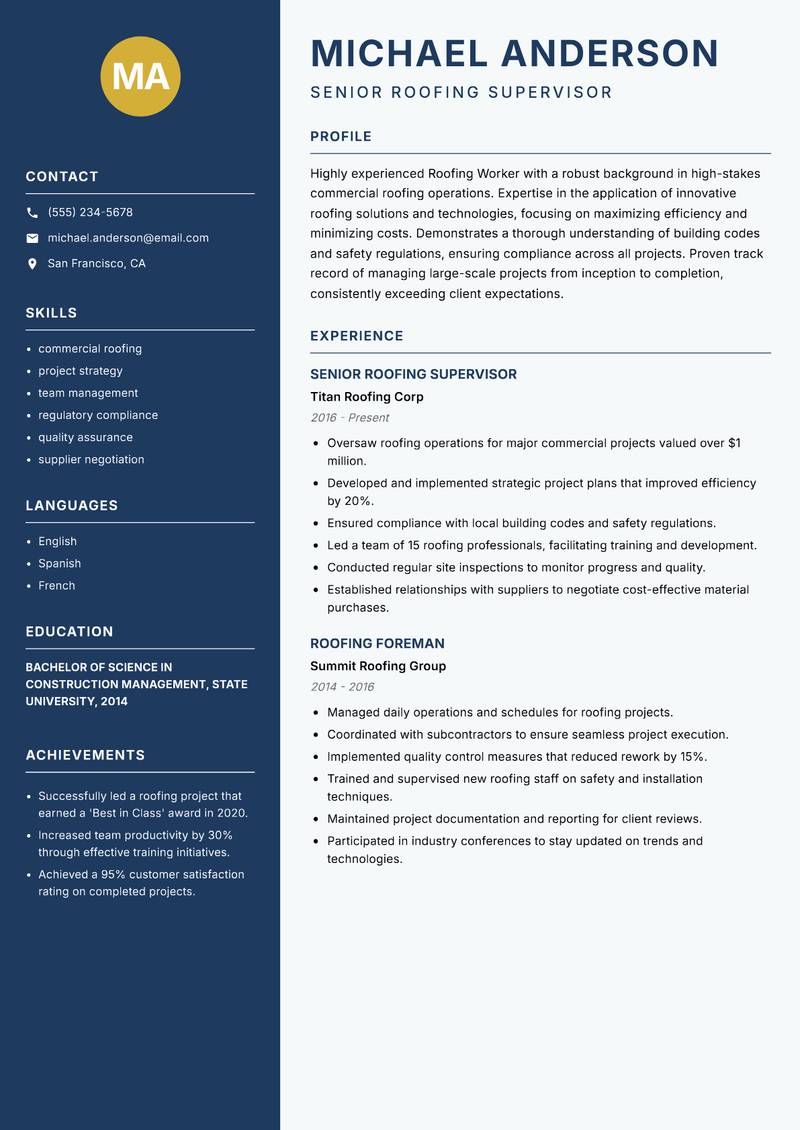 Roofing Worker resume template — Classic Clean
