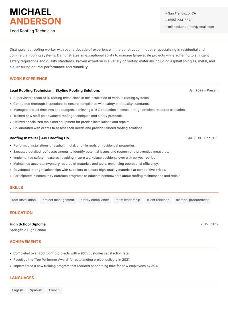 Roofing Worker resume template — Modern Professional