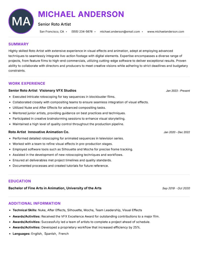 Roto Artist resume example — ATS-friendly template