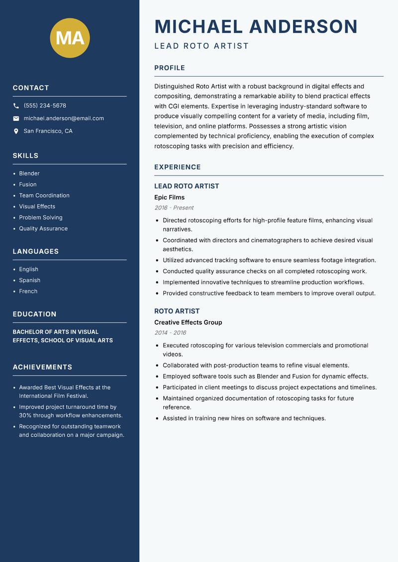 Roto Artist resume template — Classic Clean
