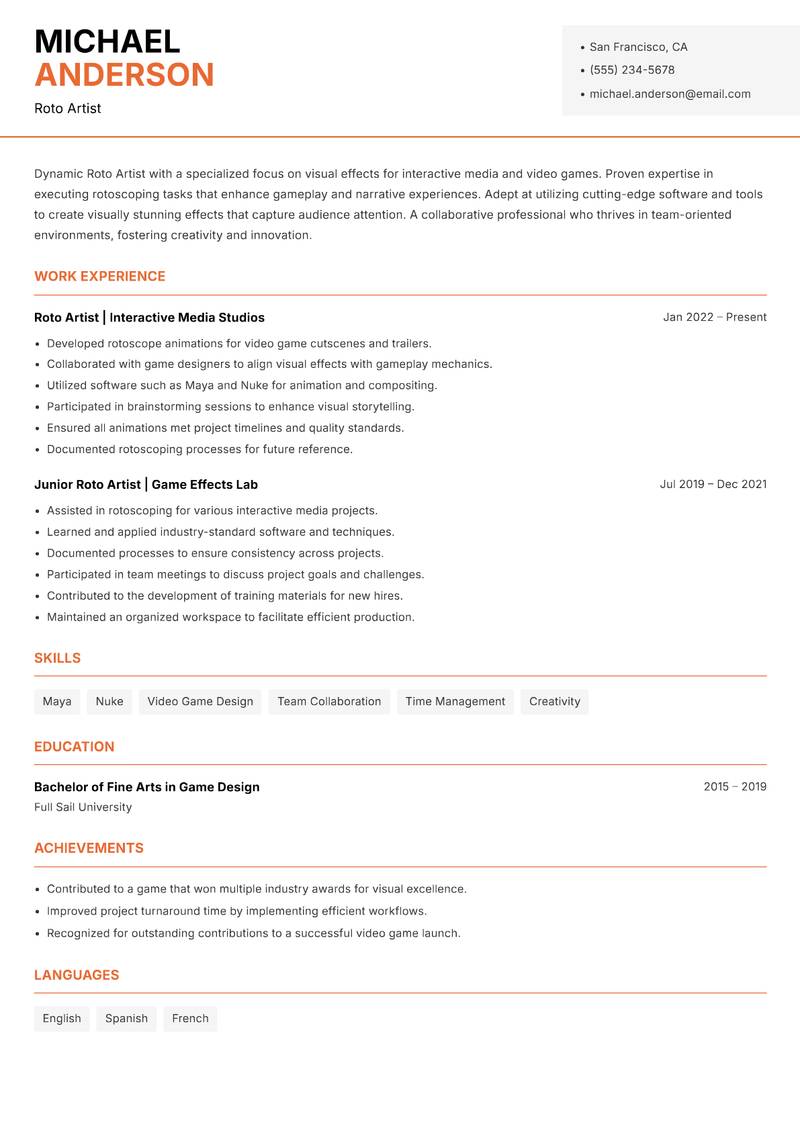 Roto Artist resume template — Modern Professional