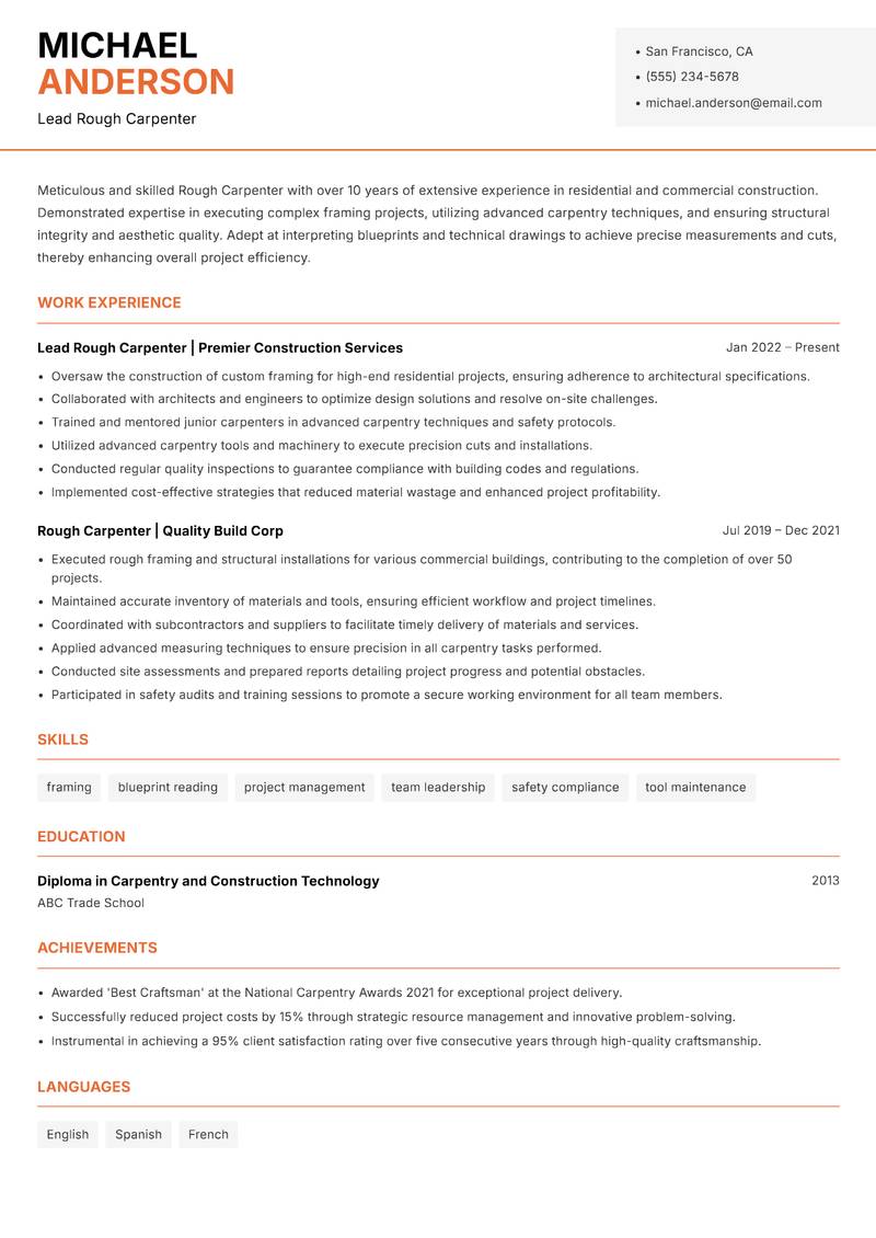 Rough Carpenter resume template — Modern Professional