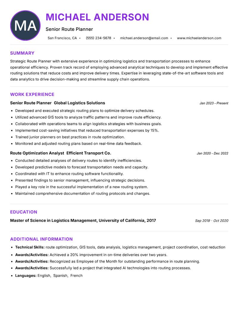 Route Planner resume example — ATS-friendly template