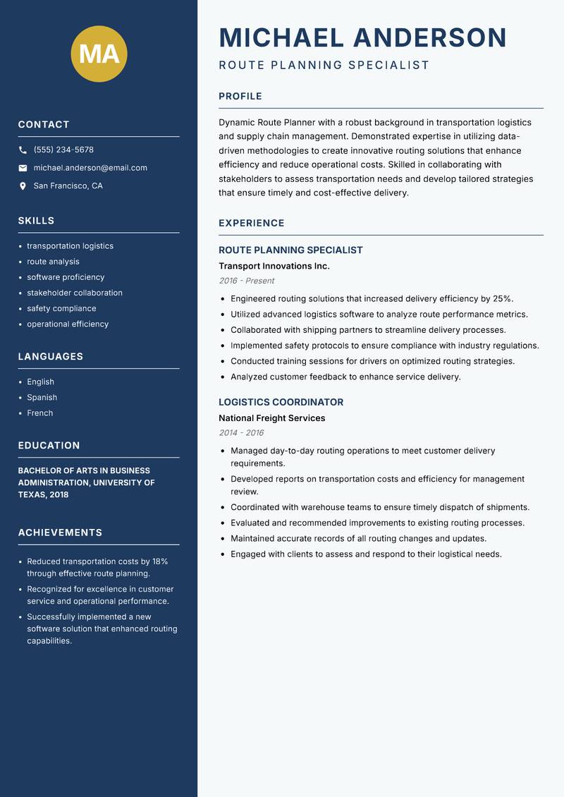 Route Planner resume template — Classic Clean