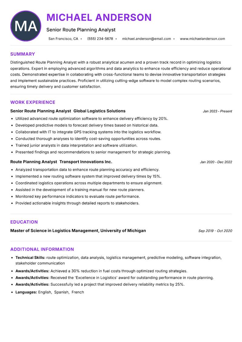 Route Planning Analyst resume example — ATS-friendly template