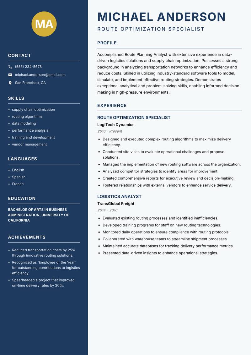 Route Planning Analyst resume template — Classic Clean