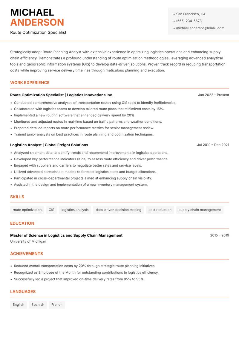 Route Planning Analyst resume template — Modern Professional