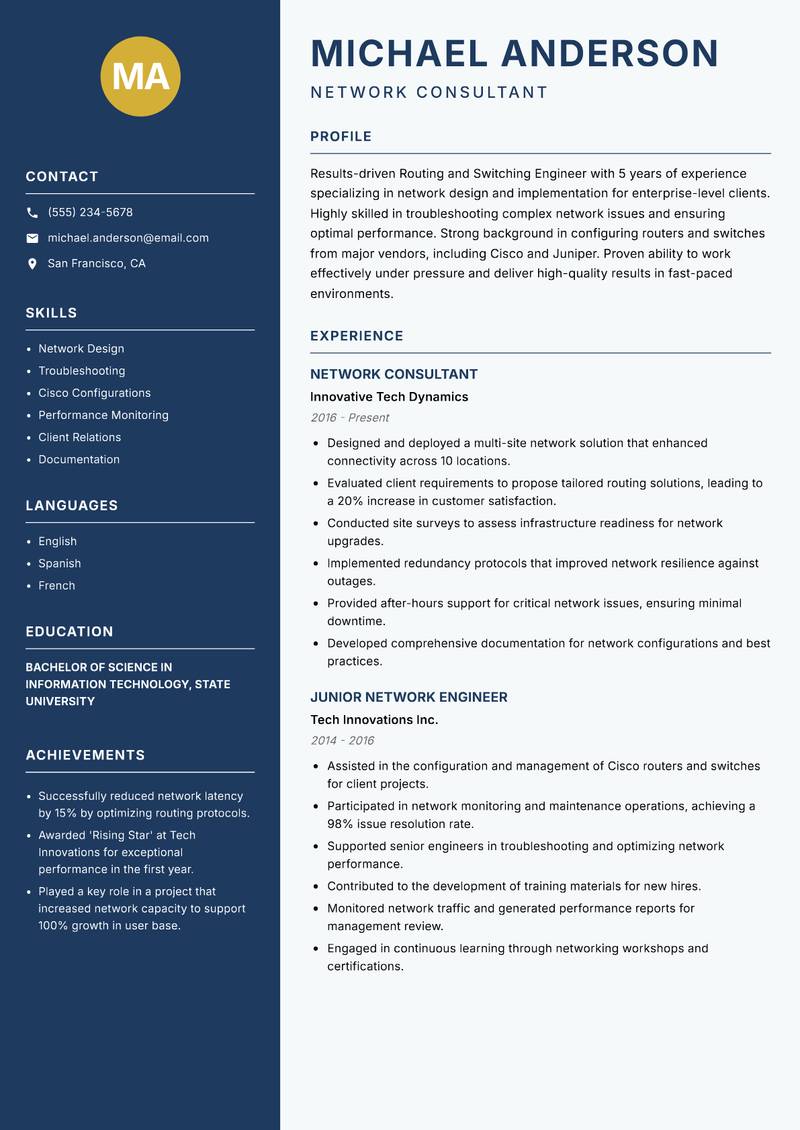 Routing and Switching Engineer resume template — Classic Clean
