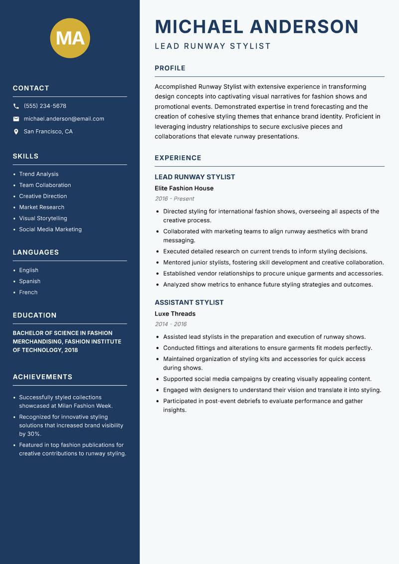 Runway Stylist resume template — Classic Clean