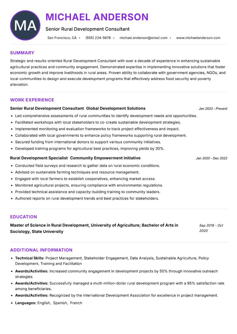 Rural Development Consultant resume example — ATS-friendly template