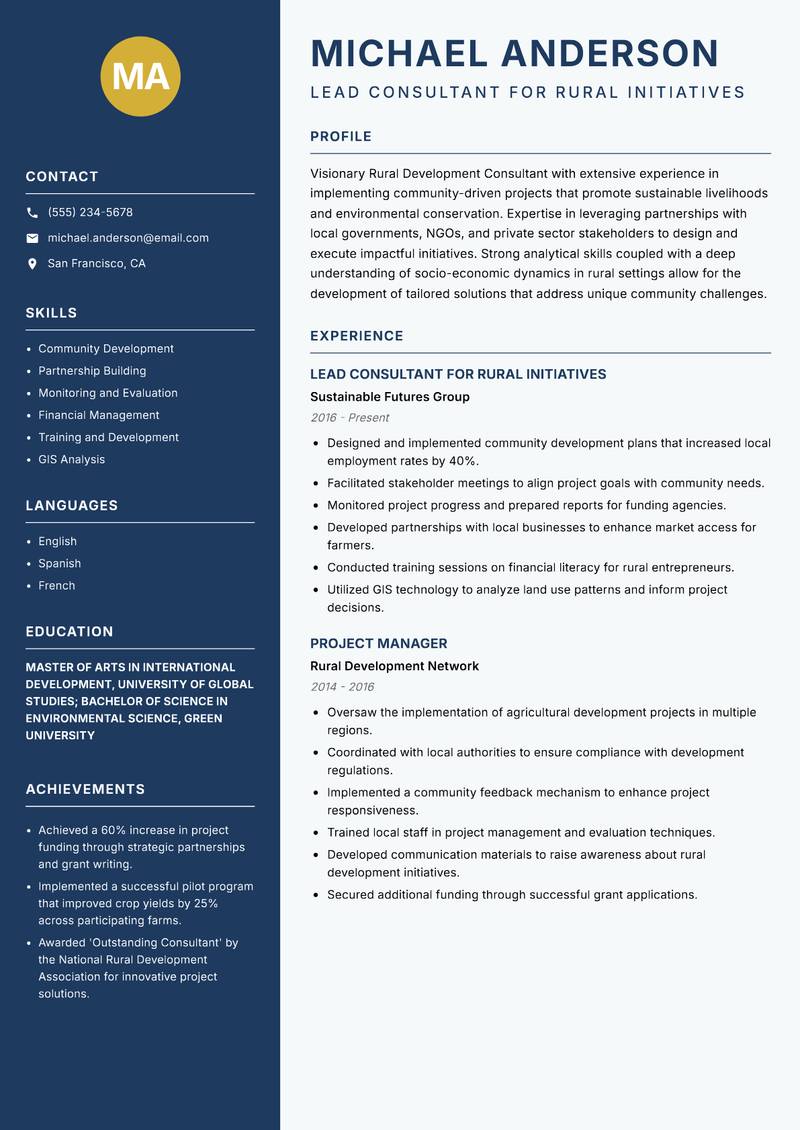 Rural Development Consultant resume template — Classic Clean