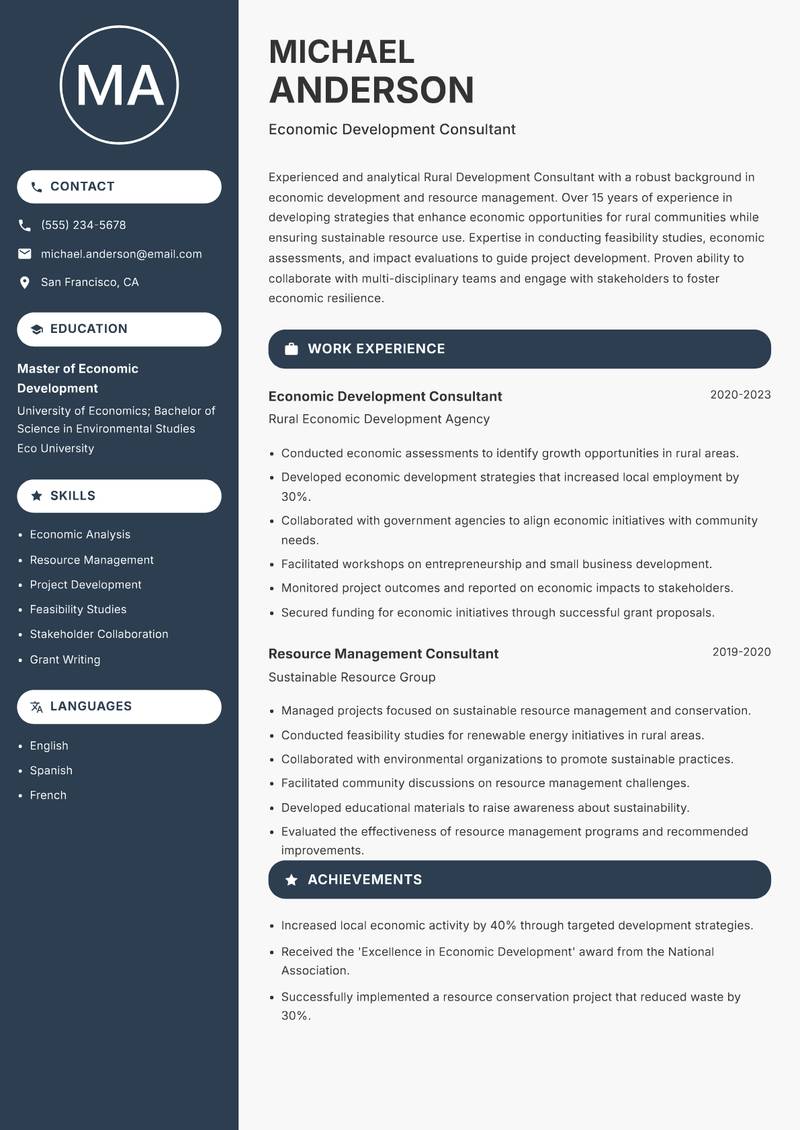 Rural Development Consultant resume template — Compact