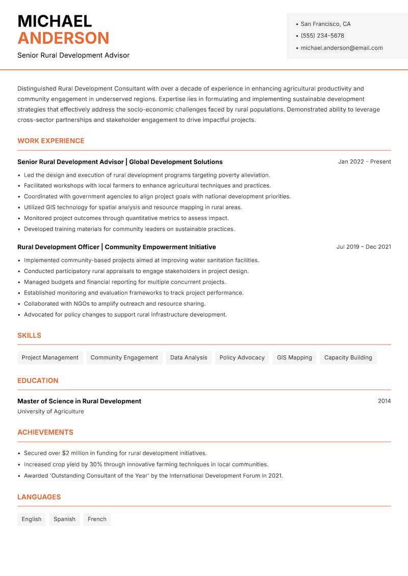 Rural Development Consultant resume template — Modern Professional