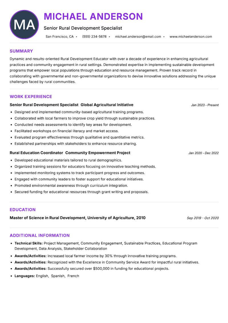 Rural Development Educator resume example — ATS-friendly template