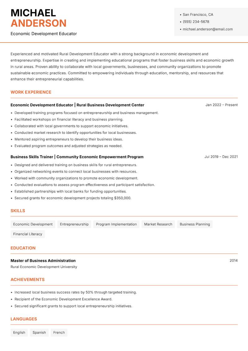 Rural Development Educator resume template — Modern Professional