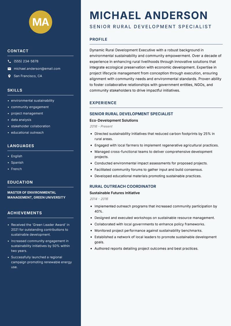 Rural Development Executive resume template — Classic Clean
