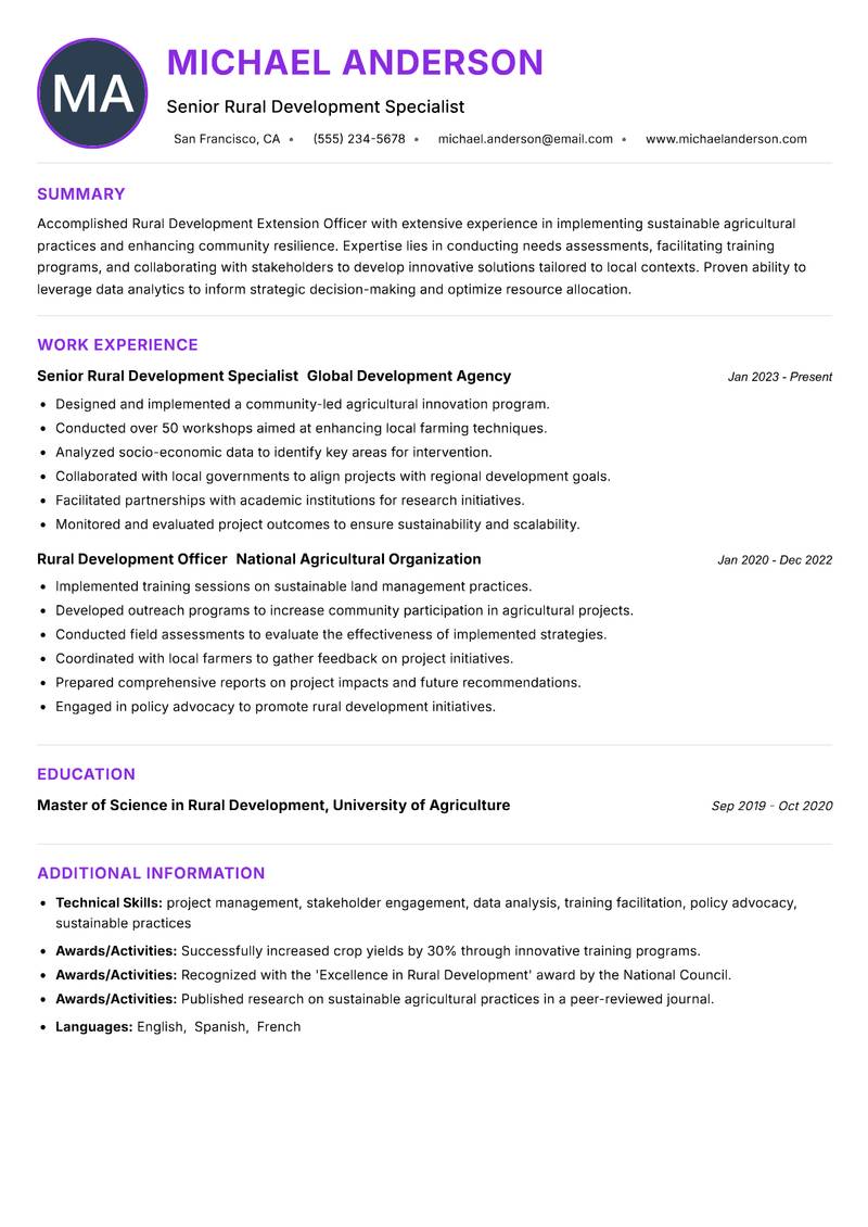 Rural Development Extension Officer resume example — ATS-friendly template