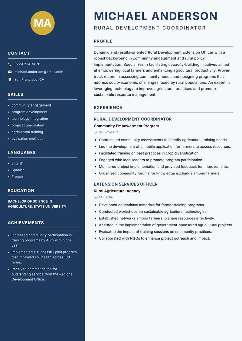 Rural Development Extension Officer resume template — Classic Clean