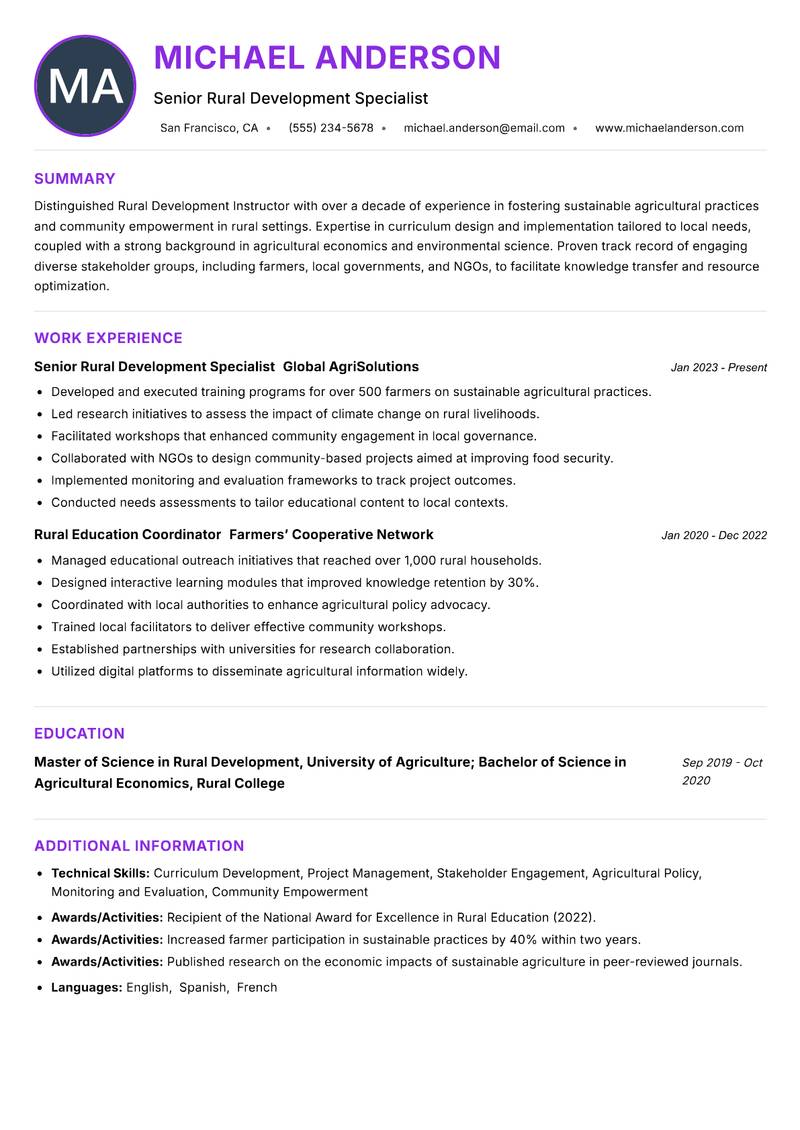 Rural Development Instructor resume example — ATS-friendly template