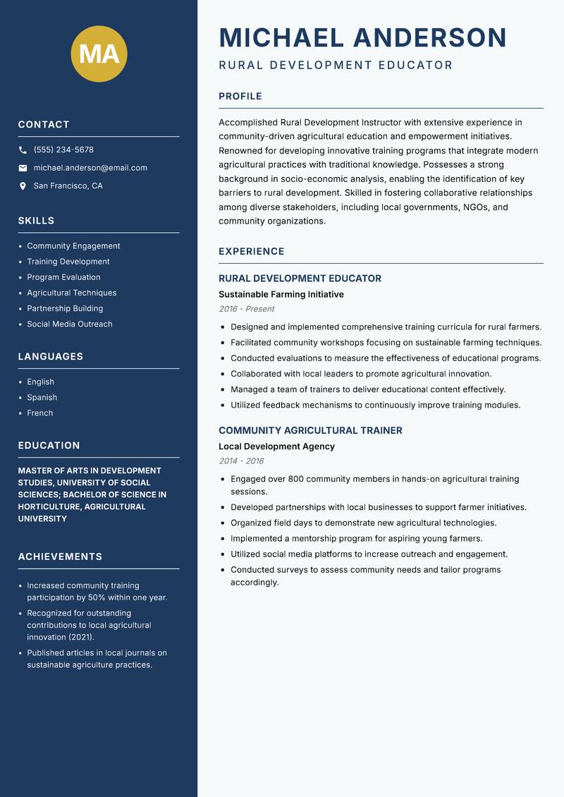 Rural Development Instructor resume template — Classic Clean