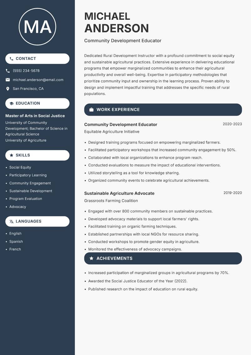 Rural Development Instructor resume template — Compact