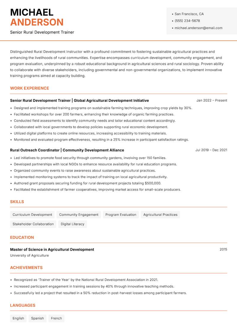 Rural Development Instructor resume template — Modern Professional