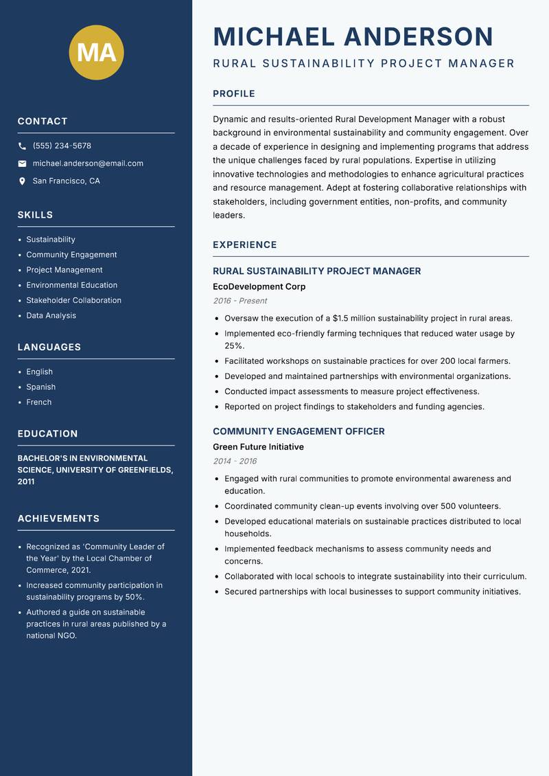 Rural Development Manager resume template — Classic Clean