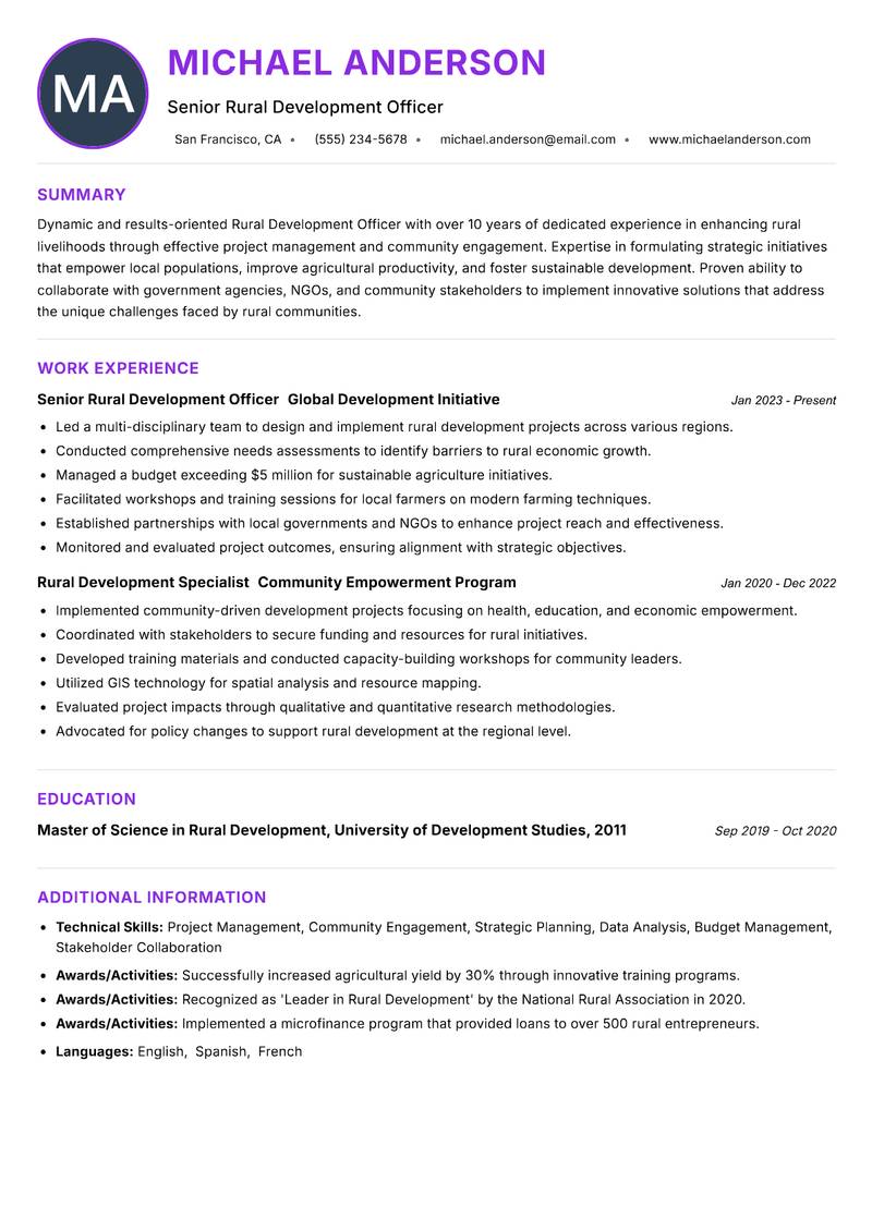 Rural Development Officer resume example — ATS-friendly template