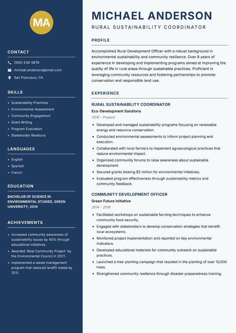 Rural Development Officer resume template — Classic Clean