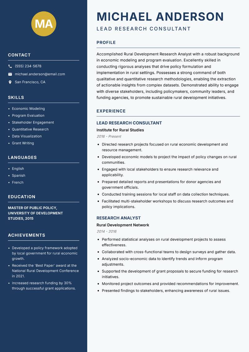 Rural Development Research Analyst resume template — Classic Clean