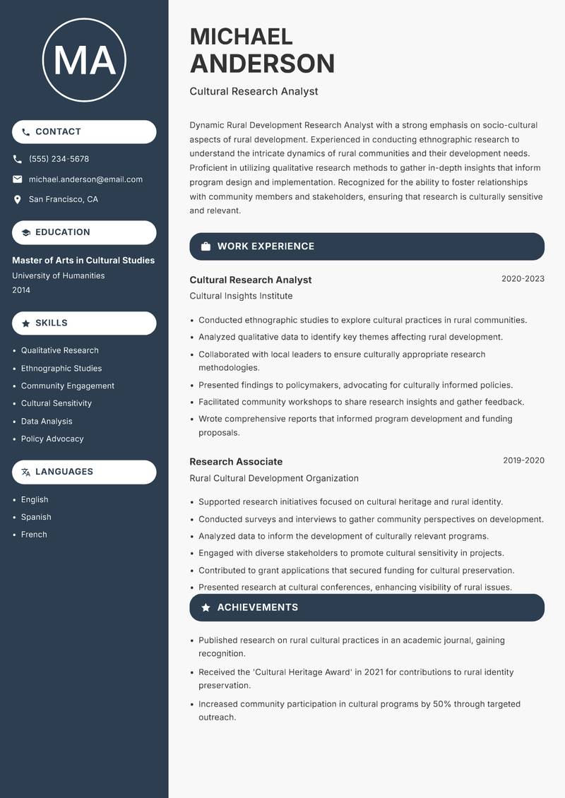 Rural Development Research Analyst resume template — Compact