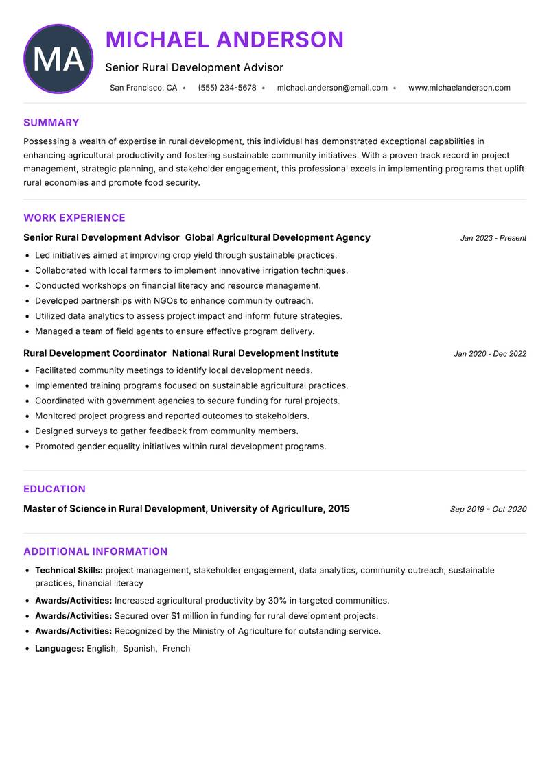Rural Development Specialist resume example — ATS-friendly template