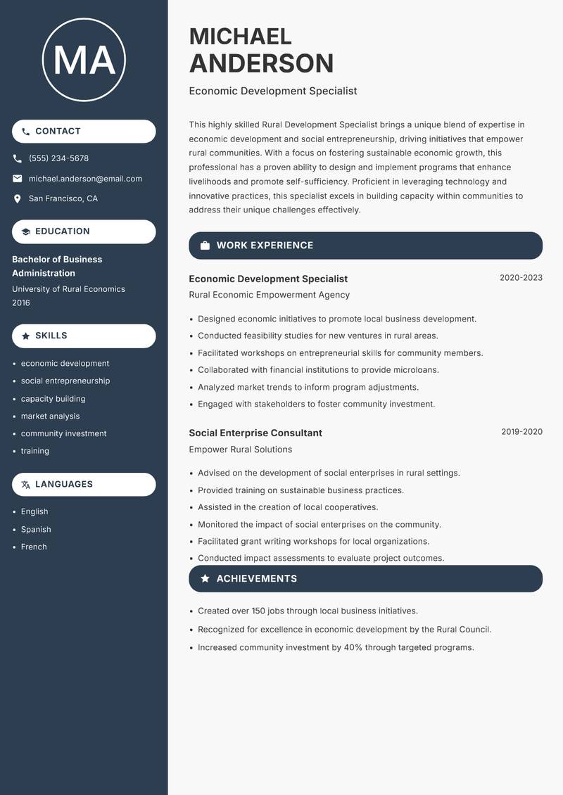 Rural Development Specialist resume template — Compact