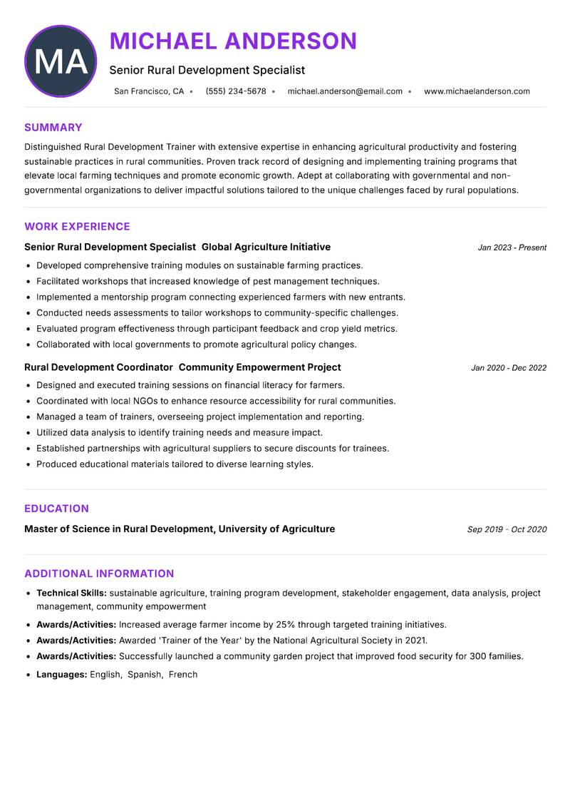 Rural Development Trainer resume example — ATS-friendly template