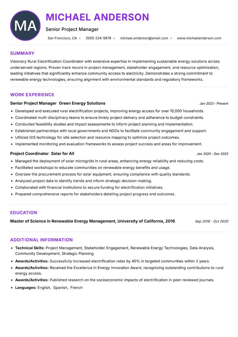 Rural Electrification Coordinator resume example — ATS-friendly template