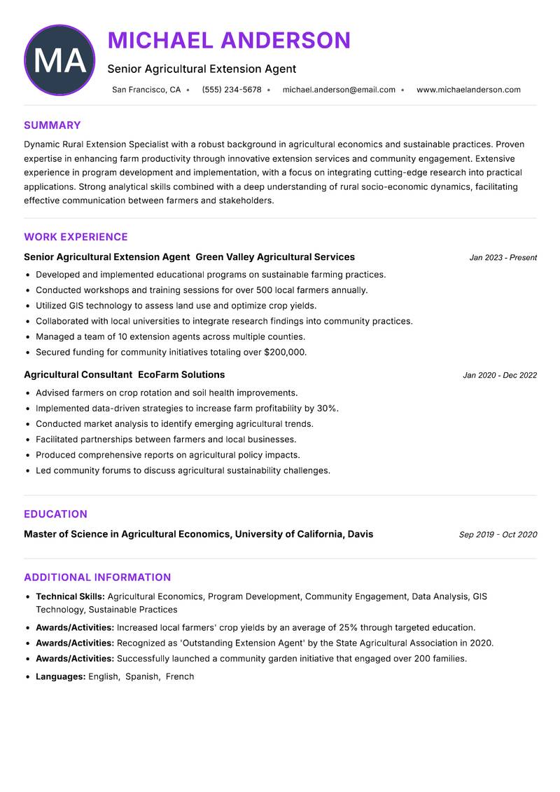Rural Extension Specialist resume example — ATS-friendly template
