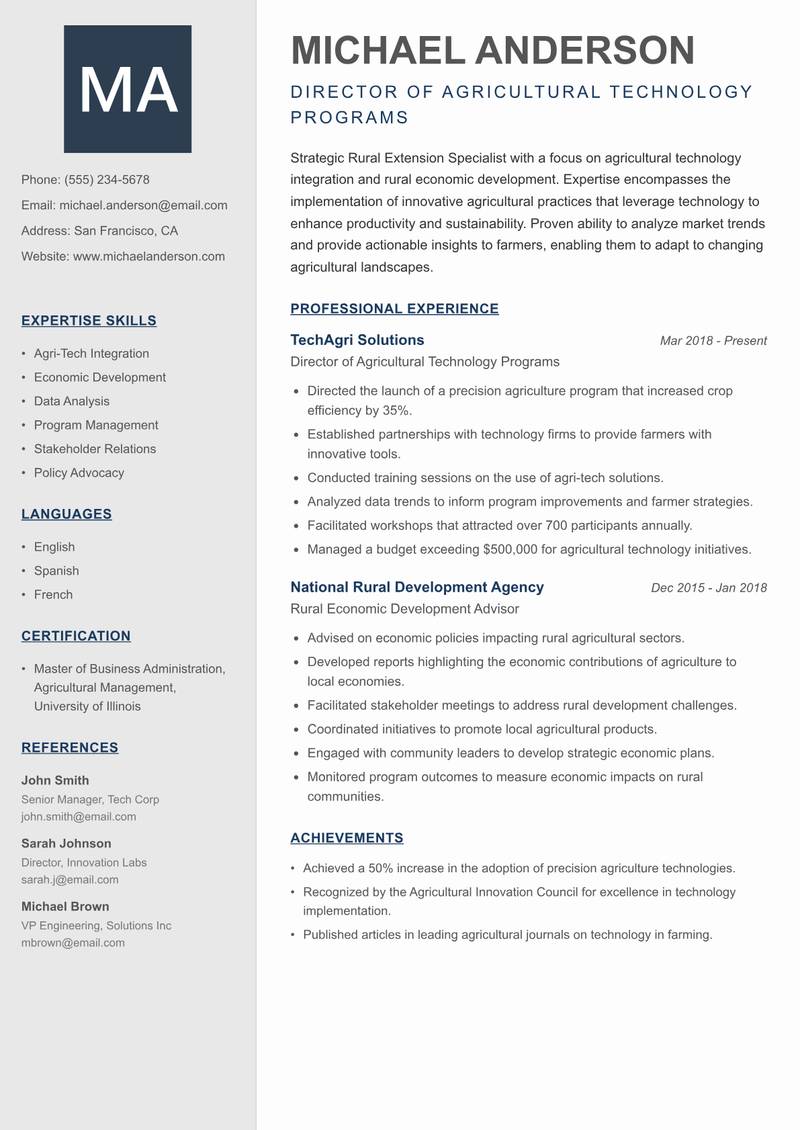 Rural Extension Specialist resume template — Creative Minimal