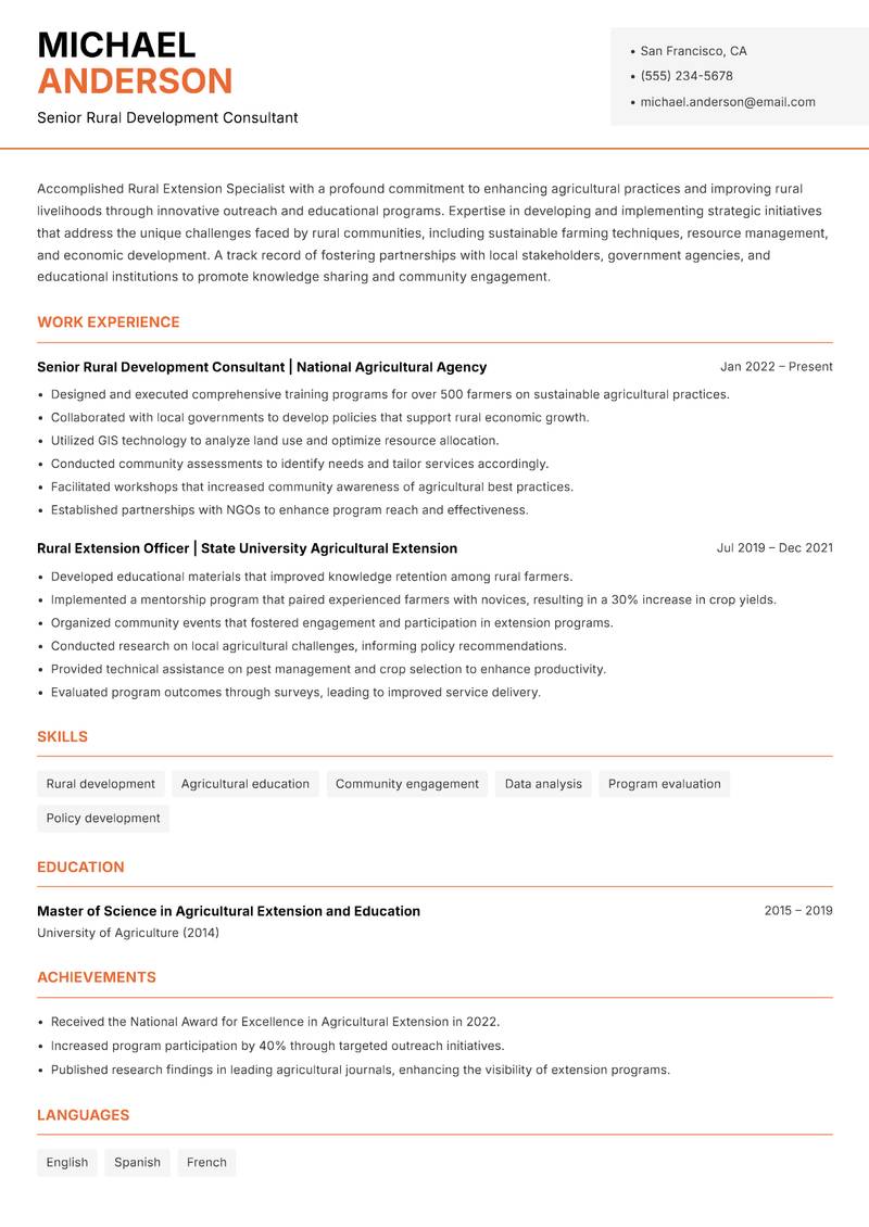 Rural Extension Specialist resume template — Modern Professional