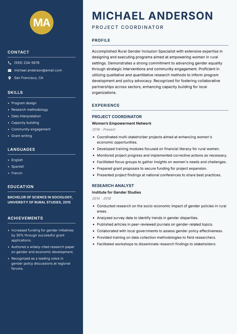 Rural Gender Inclusion Specialist resume template — Classic Clean