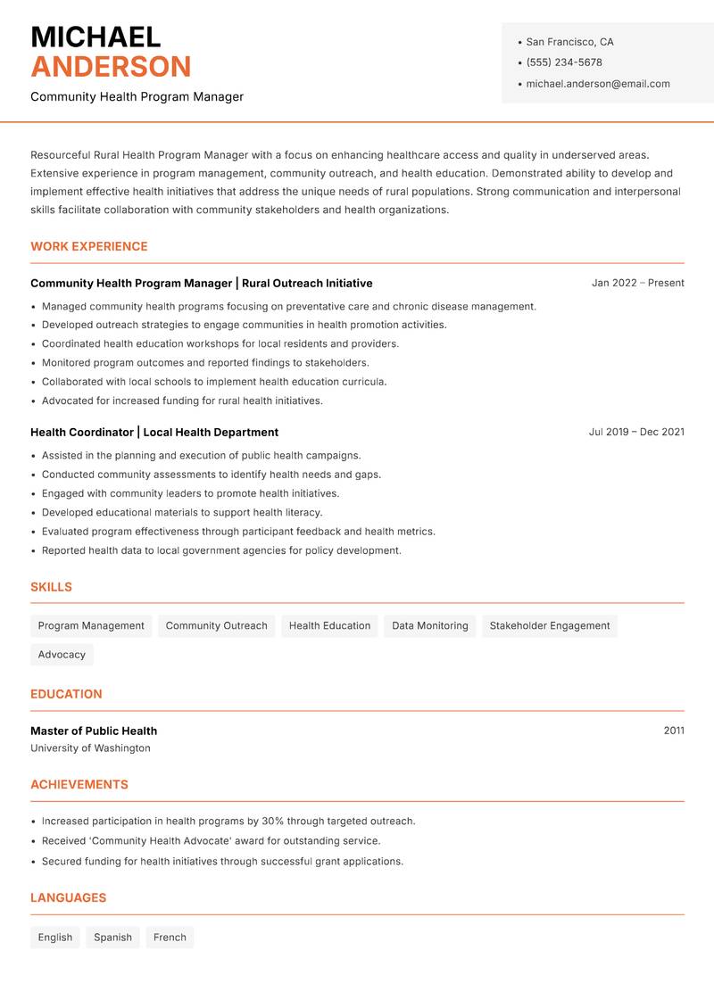 Rural Health Program Manager resume template — Modern Professional
