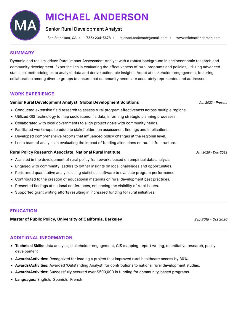 Rural Impact Assessment Analyst resume example — ATS-friendly template