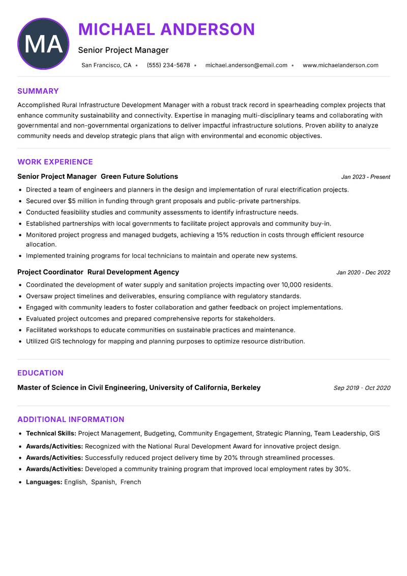 Rural Infrastructure Development Manager resume example — ATS-friendly template